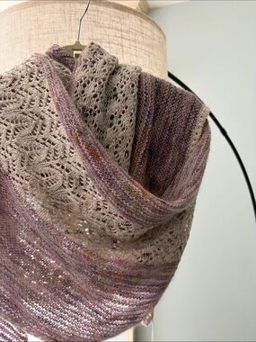 Handknit Long Scarf in Lavender Blend with Cream Lace Panels